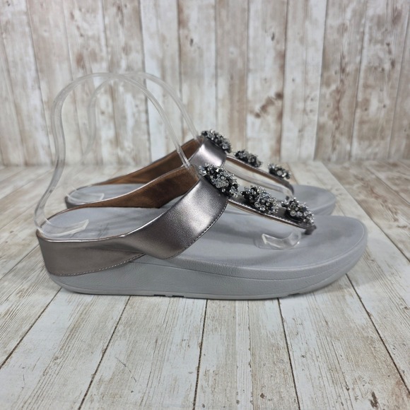 Fitflop Embellished Thong Sandals Comfort Rhinestone‎ Detail Silver 10 - Picture 1 of 6